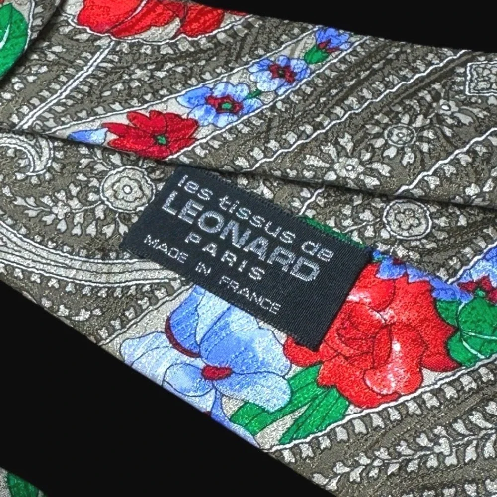 Leonard Paris Maus & Hoffman Mens Silk Tie Paisley Floral Red Green Italy France